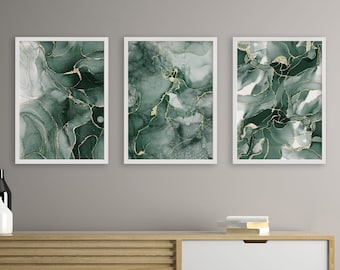 Green & Gold Lounge Wall Prints, Marble Wall Prints, Set of 3 Prints, Green Wall Art, Green Wall Decor, Abstract Wall Art, Modern Art