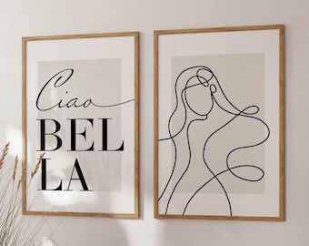 Bedroom Wall Prints, Bedroom Wall Decor, Beige & Black, Fashion Wall Prints, Set of 2 Wall Prints, Ciao Bella, Line Art, Neutral Wall Art