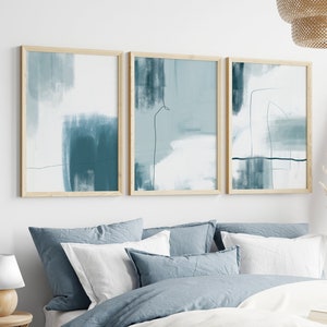 set of 3 teal colour abstract wall art prints