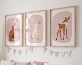 Girls Bedroom Prints, Pink Nursery Decor, Nursery Wall Art, Nursery Wall Prints, Set of 3 Wall Prints, Girls Woodland Animal Prints, Pink