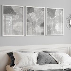 Grey & White Bedroom Wall Prints, Abstract Wall Prints, Set of 3 Wall ...