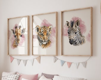 Girls Pink Safari Animal Nursery Wall Prints, Pink Nursery Prints, Pink Nursery Wall Art, Nursery Decor, Girls Nursery Prints, Girls Prints