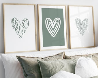 Salbei Grün Wand Kunstdrucke, Salbei Grün Wand-Dekor, Liebe Herz Drucke, Salbei Grün Schlafzimmer-Dekor, Salbei Grün Wandkunst, Grünes Herz Wandkunst