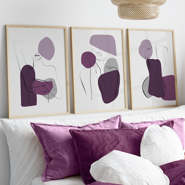 Impressions murales violettes, Art au trait nu, Art abstrait violet, Impressions murales de mode, Impressions de chambre à coucher, Ensemble de 3 impressions murales, Art mural violet, Violet