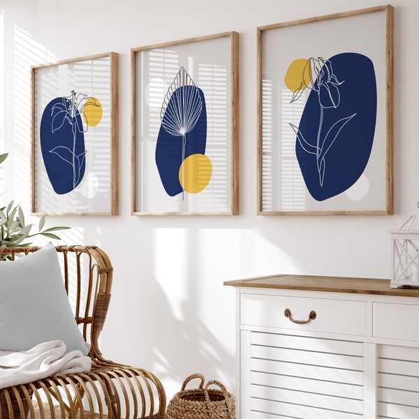 Blue & Yellow Wall Art Prints, Yellow Wall Art, Yellow and Blue prints, Blue Wall Decor, Set of 3 Wall Prints, Blue Wall Art, Blue, Yellow