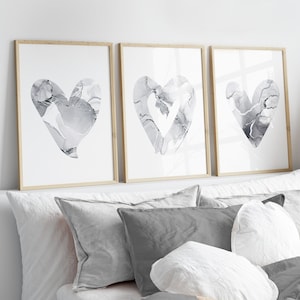 Grey & Silver Wall Prints, Marble Wall Prints, Love Hearts, Set of 3 Wall Prints, Grey Wall Art, Grey Wall Decor, Grey, Silver, Girls Prints