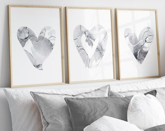 Grey & Silver Wall Prints, Marble Wall Prints, Love Hearts
