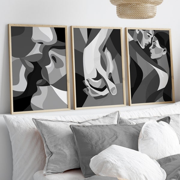 Impressions d'art mural abstrait, art mural monochrome, impressions murales de chambre à coucher, lot de 3 impressions murales, art mural gris, impressions murales gris, impressions noir et gris