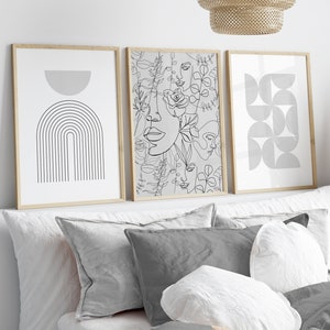 set of 3 grey abstract bedroom wall art prints