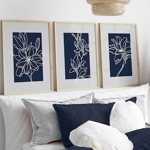 Set of 3 Blue & Grey Wall Art Prints, Blue Wall Art, Botanical Wall Art, Plant Line Art, Blue Home Decor, Wall Decor, Navy Wall Art, Flowers