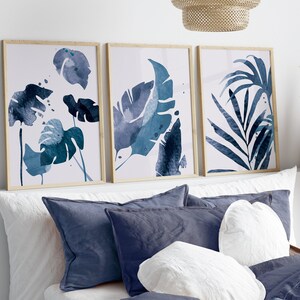 Set of 3 Wall Prints, Leaf Abstract Art, Blue Wall Prints, Blue Wall ...