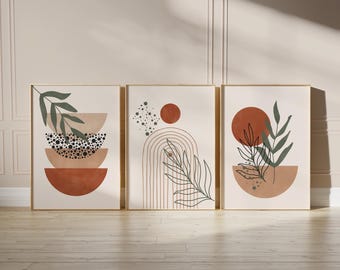 Boho Abstract Wall Art Prints, Boho Wall Decor, Set of 3 Wall Prints, Scandi, Mid Century, Black, Beige, Green, Terracotta, Boho Wall Art