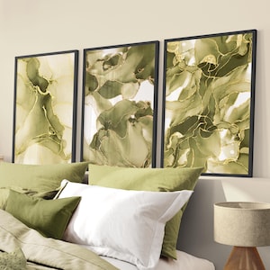 olive green and gold marble wall art print set