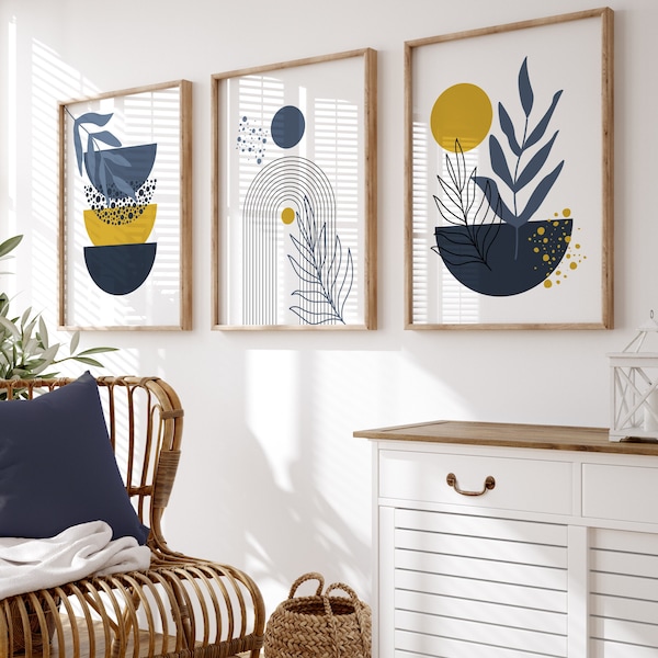 Set of 3 Boho Wall Prints, Boho Wall Art, Blue & Mustard Wall Prints, Blue Wall Decor, Blue and Mustard Wall Art, Blue, Yellow, Mustard, Art