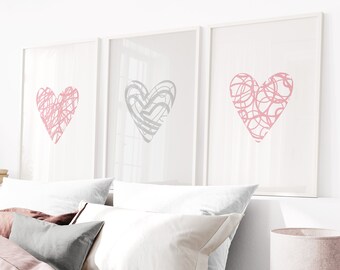 Printable Art, Heart Wall Prints, Scribble Hearts, Pink & Grey Bedroom Wall Prints, Pink Nursery Decor, Set of 3 Prints, Digital Download