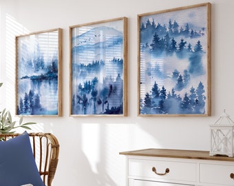 Watercolour Landscape Abstract Wall Art Prints, Blue Wall Decor, Set of 3 Wall Prints, Blue Wall Art, Blue Wall Prints, Landscape Wall Art
