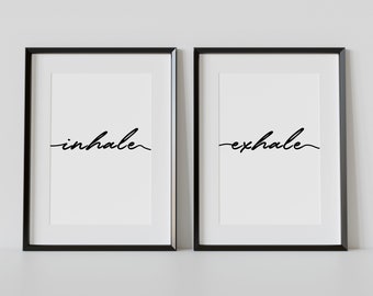 Printable Wall Art, Yoga Wall Prints, Relaxing Bathroom Prints, Inhale Exhale, Set of 2 Posters, Black & White, Print at Home