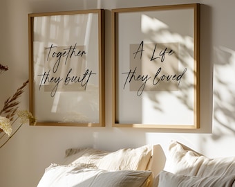 Set of 2 Couples Bedroom Prints, Together They Built a Life They Loved, Couples Quotes, Hallway Prints, Bedroom Wall Art, Beige, Home Decor