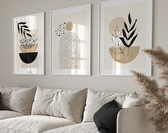 Boho Abstract Wall Art Prints, Boho Wall Decor, Set of 3 Prints, Black & Beige Prints, Black, Beige, Boho Wall Art, Natural Wall Art, Boho