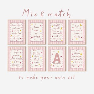 Girls prints, pink nursery wall decor with bedtime quotes and affirmation quotes, on pink striped backgrounds with love hearts, stars, moons and sunshine. 8 designs to choose from