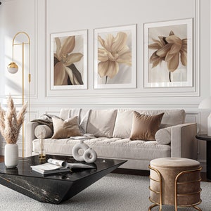 Set of 3 brown and beige large abstract flower lounge wall art prints