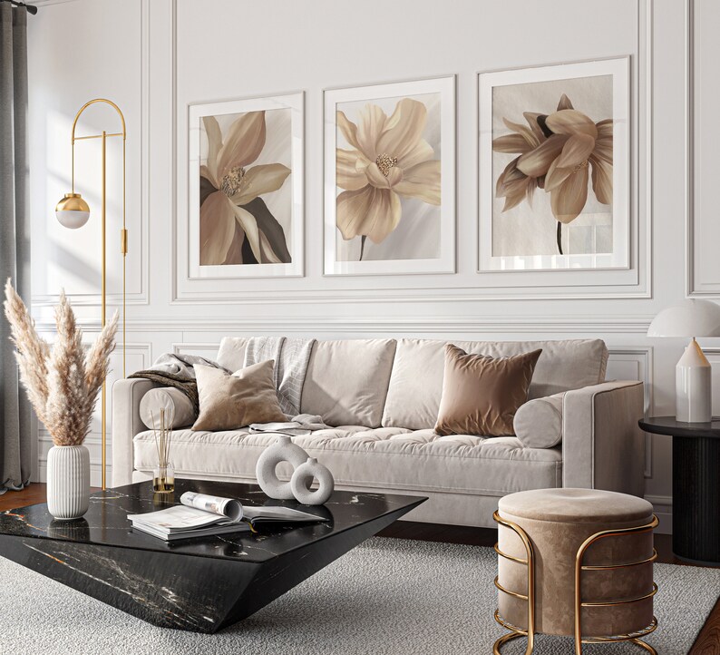 Set of 3 brown and beige large abstract flower lounge wall art prints