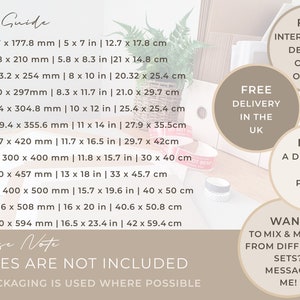 May include: A size guide for prints, showing different sizes in inches and centimetres. The text says "Frames are not included" and "Eco packaging is used where possible".
