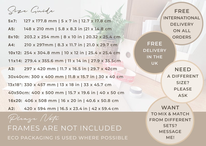 May include: A size guide for prints, showing different sizes in inches and centimetres. The text says "Frames are not included" and "Eco packaging is used where possible".