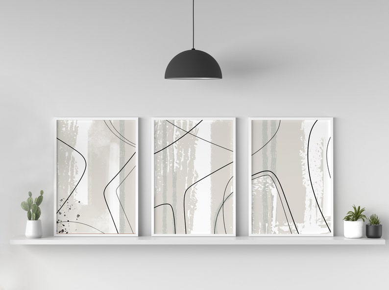 beige and sage green abstract wall art prints, set of 3