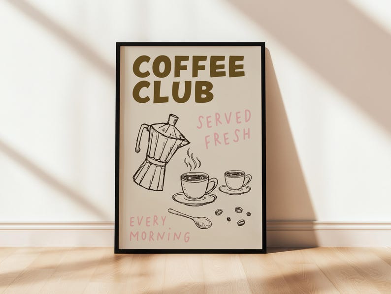 Brown coffee club kitchen wall art print