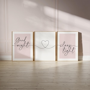 Light pink bedroom prints, "good night, sleep tight" bedtime quote with love heart