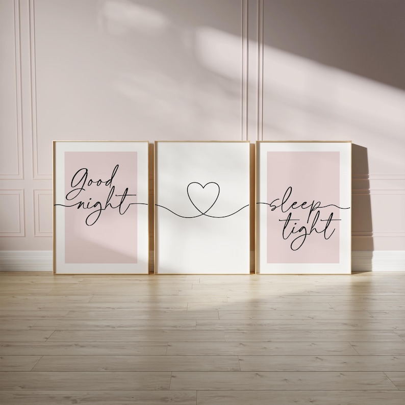 Light pink bedroom prints, "good night, sleep tight" bedtime quote with love heart