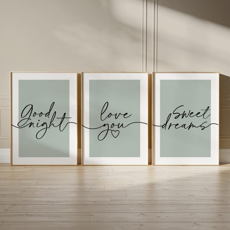 Bedroom prints with bedtime quotes in sage green