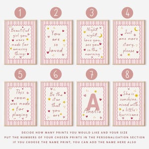 Girls room prints, pink nursery pictures with bedtime quotes and affirmation quotes, on pink striped backgrounds with love hearts, stars, moons and sunshine. 8 designs to choose from
