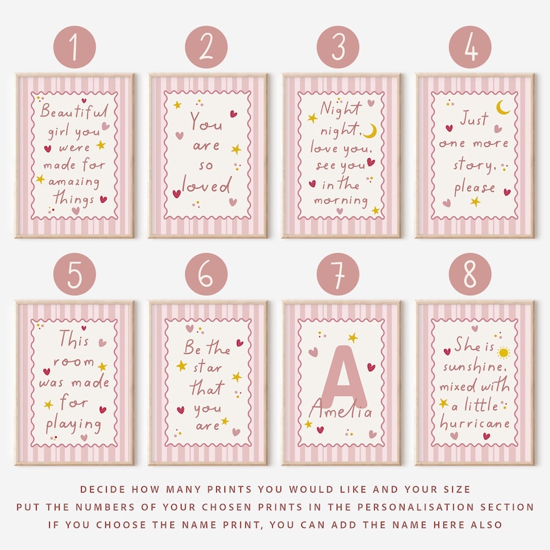 Girls room prints, pink nursery pictures with bedtime quotes and affirmation quotes, on pink striped backgrounds with love hearts, stars, moons and sunshine. 8 designs to choose from