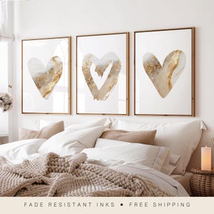 Beige & Gold Wall Art Prints, Marble Wall Prints, Love Hearts, Set of 3 Wall Prints, Gold Wall Art, Neutral Wall Decor, Bedroom Wall Art