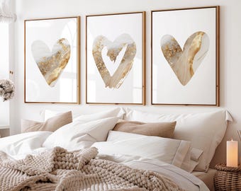 Beige & Gold Wall Art Prints, Marble Wall Prints, Love Hearts, Set