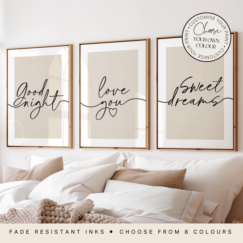 Set of 3 bedroom prints, with couples quotes; "good night", "love you", "sweet dreams", on a background colour of your choice. Bedroom posters, gift for her