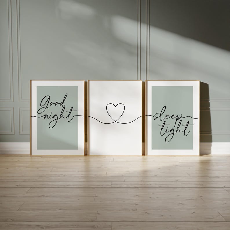 Sage green bedroom prints, "good night, sleep tight" bedtime quote with love heart