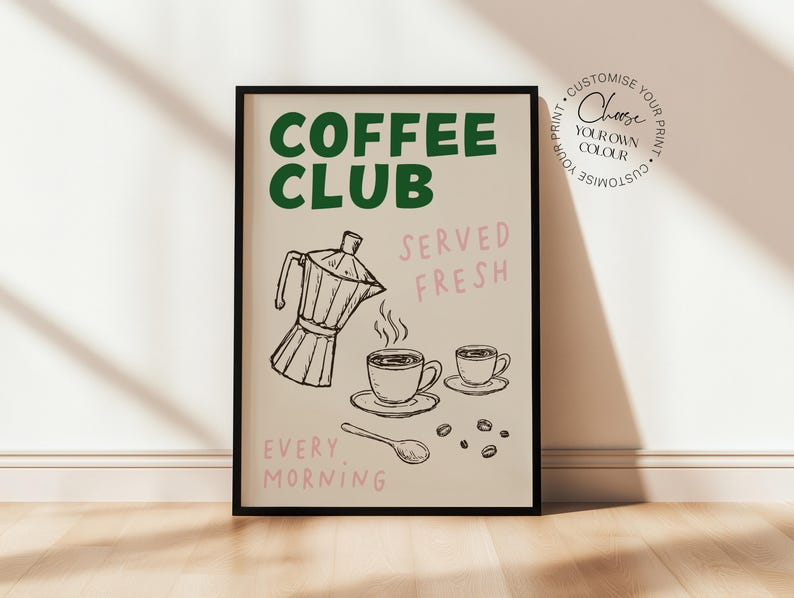 Green coffee club kitchen wall art print