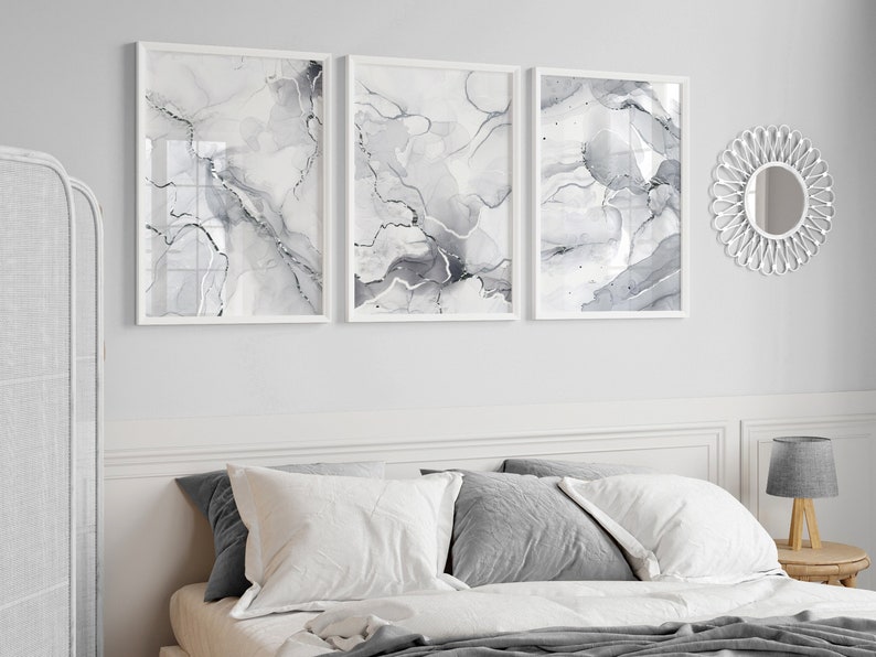 set of 3 grey abstract wall art prints