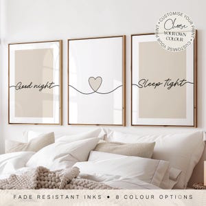 Minimalist bedroom prints, "good night, sleep tight" bedtime phrases. Ideal for above bed art