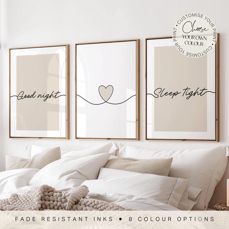 Minimalist bedroom prints, "good night, sleep tight" bedtime phrases. Ideal for above bed art