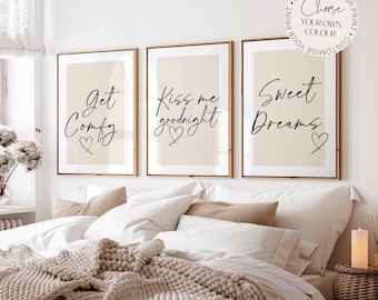 Set of 3 Beige Bedroom Prints, Get Comfy, Bedtime Quotes, Couple Prints, New Home Gift, Bedroom Wall Decor, Goodnight, Sweet Dreams, Bedroom
