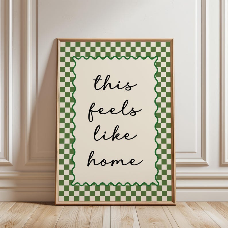 Porch print, this feels like home quote, with olive green chequered border, funky home decor