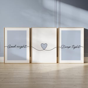 Blue bedroom prints, "good night, sleep tight" bedtime quotes with line art love heart
