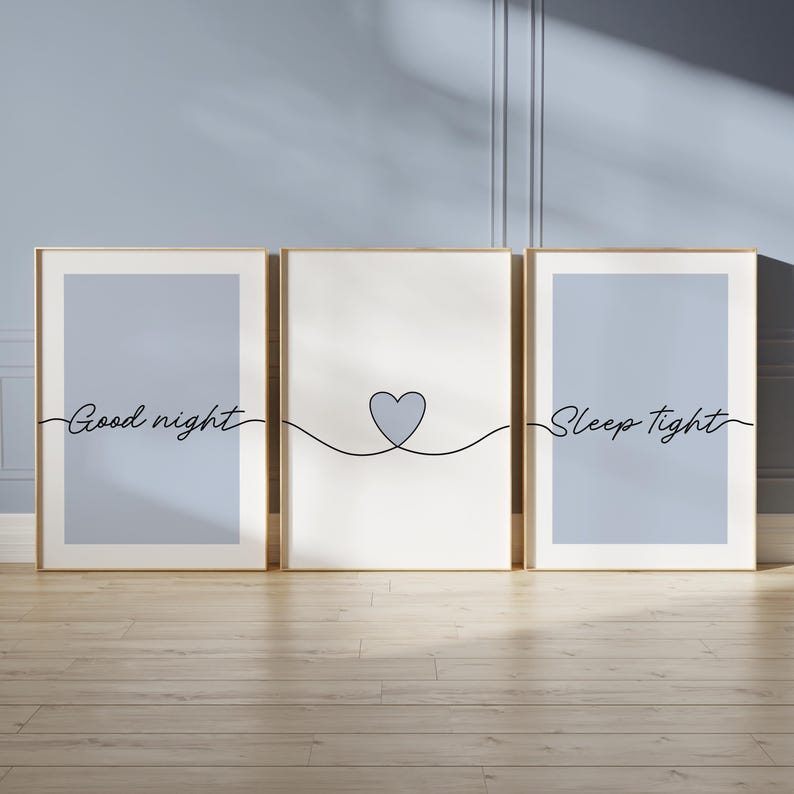 Blue bedroom prints, "good night, sleep tight" bedtime quotes with line art love heart