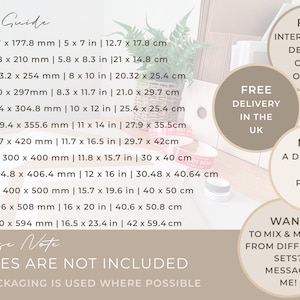 May include: A size guide for prints, showing different sizes in inches and centimeters. The text says "Frames are not included" and "Eco packaging is used where possible".