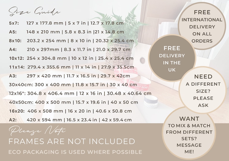 May include: A size guide for prints, showing different sizes in inches and centimeters. The text says "Frames are not included" and "Eco packaging is used where possible".