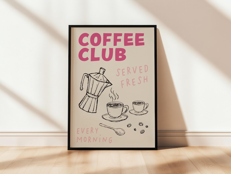 Pink coffee club kitchen wall art print